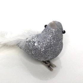 Silver Glitter Bird On Clip x 2