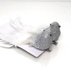 Silver Glitter Bird On Clip x 2