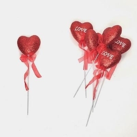 Red Glitter Heart Pick x 6