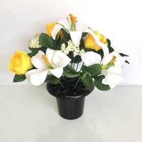Yellow White Lily And Rose Grave Pot 28cm