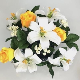 Yellow White Lily And Rose Grave Pot 28cm