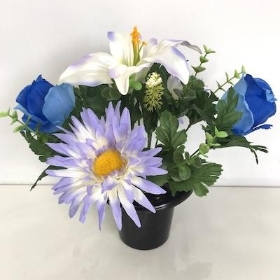 Blue Lily Gerbera And Rose Grave Pot 26cm