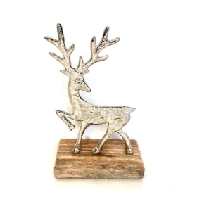 Silver Deer on Wood Base 17cm