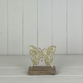 Green Butterfly On Wood Base 12cm