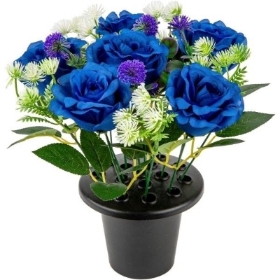 Blue Rose & Foliage Grave Pot 26cm