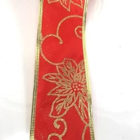 Red And Gold Poinsettia Ribbon 60mm