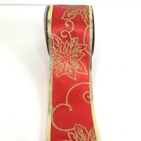 Red And Gold Poinsettia Ribbon 60mm