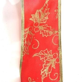 Red And Gold Snowflake Ribbon 60mm
