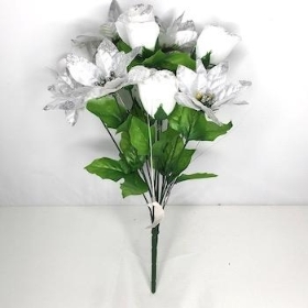 Silver Glitter Rose And Poinsettia Bush 38cm