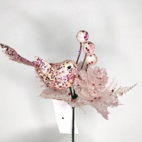 Pink Glitter Bird Pick 20cm